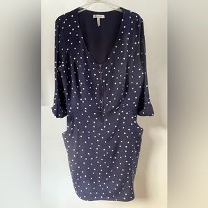 Navy polka 1/2 zip front dress in super curvy bust sizing